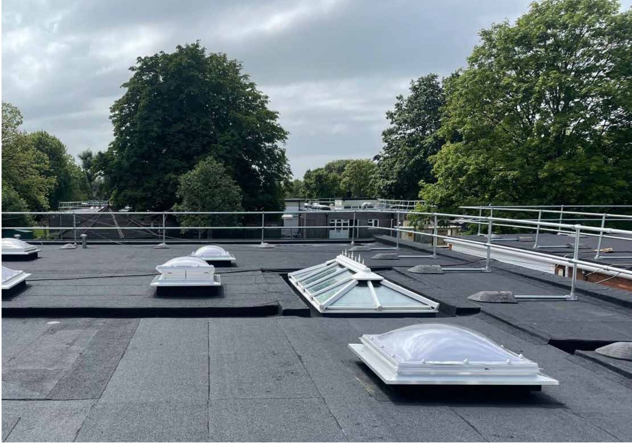 Kite roof edge protection installed on a flat roof with skylights